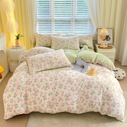 91家纺网 家纺一手货源 找家纺 总 洺兰2025全棉13070喷气印花四件套纯棉床单床笠款小清新花卉北欧风