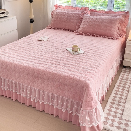 （总）佰诗特 牛奶绒纯色床盖夹棉三件套立体烂花雕花绒被套蕾丝单床盖加棉四件套