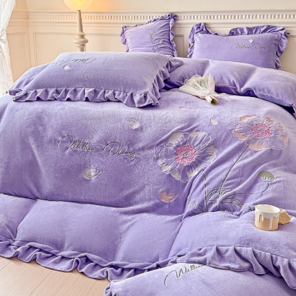 91家纺网 家纺一手货源 找家纺 （总）【苏东来】高端韩版加厚少女心法式公主风牛奶绒刺绣四件套小清新兔毛绒法莱绒床盖被套床单  