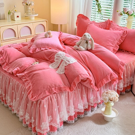 （总）2025秋冬新款230g全消光牛奶绒床裙款四件套纯色蕾丝花边刺绣床裙款床盖款法莱绒婴儿绒金貂绒四件套