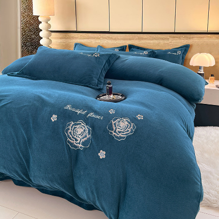 梦舒羽 2025新款200克刺绣牛奶绒四件套珊瑚绒雪花绒床单款套件 玫瑰花园-蓝