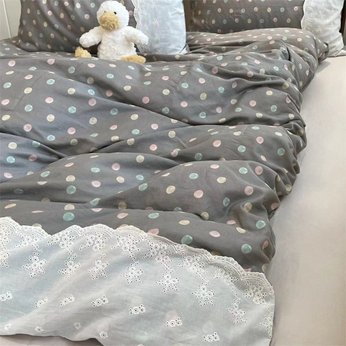 91家纺网 家纺一手货源 找家纺 2024新款全棉印花双层纱四件套--蕾丝花边款 宝珠