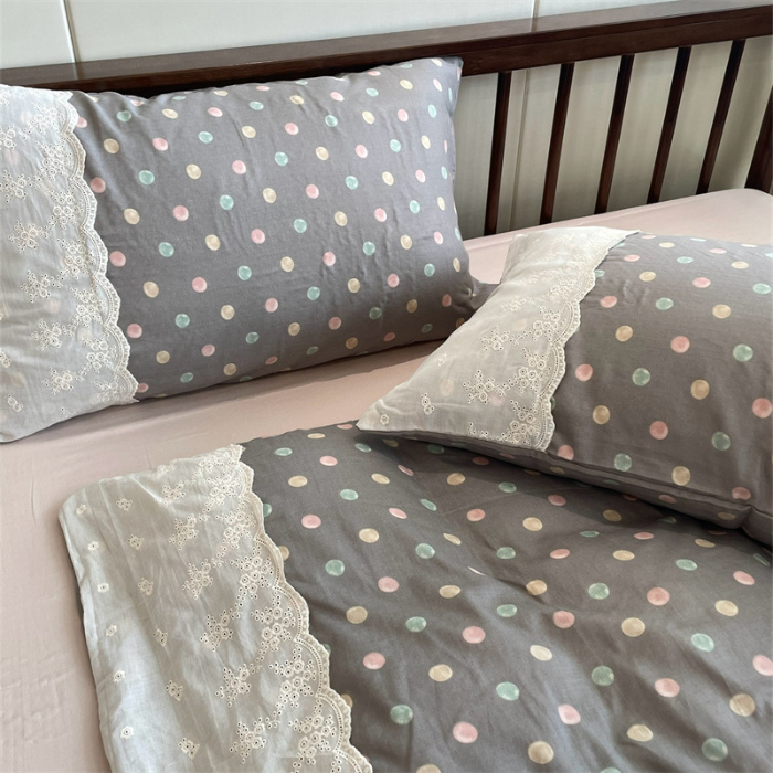 91家纺网 家纺一手货源 找家纺 2024新款全棉印花双层纱四件套--蕾丝花边款 宝珠