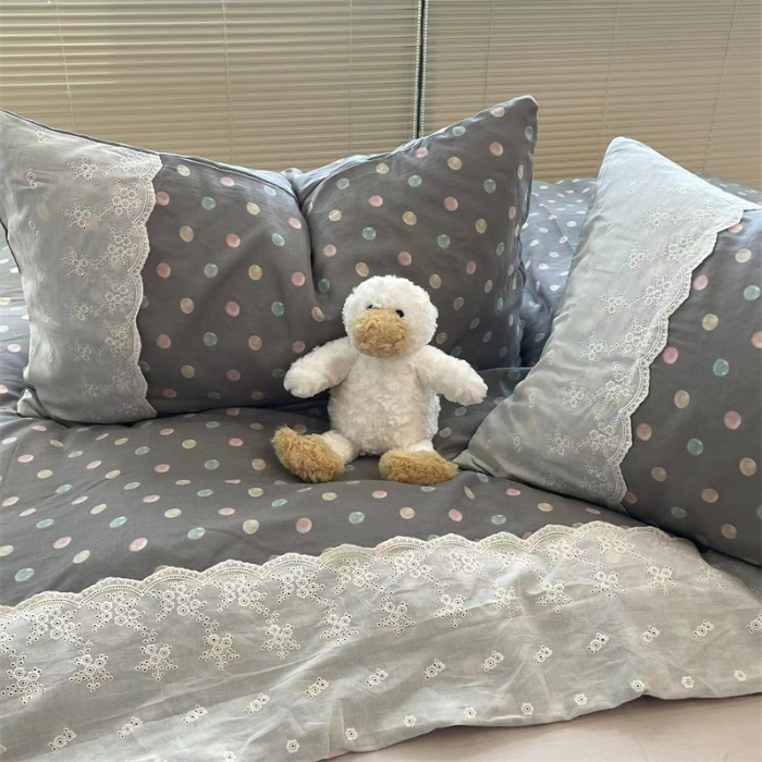 91家纺网 家纺一手货源 找家纺 2024新款全棉印花双层纱四件套--蕾丝花边款 宝珠