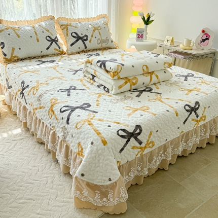 浩浩家纺 2024新款牛奶绒床盖四件套 蝴蝶结-咖