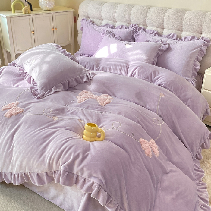 91家纺网 家纺一手货源 找家纺 蜜柚 2024新款全消光高克重韩版小清新贴布绣四件套 蝴蝶结-紫