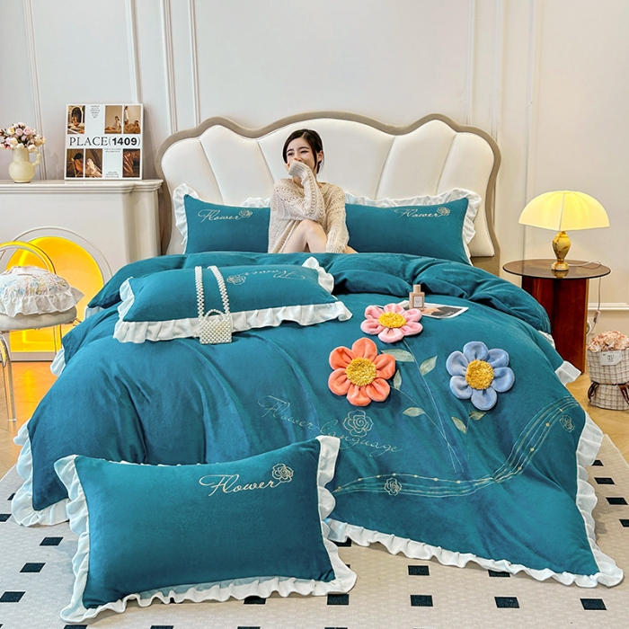 91家纺网 家纺一手货源 找家纺 9斤高端韩版少女心法式公主风贴布绣花牛奶绒四件套小清新绒兔毛绒法莱绒床盖被套丝绒兔毛绒法莱绒床盖被套