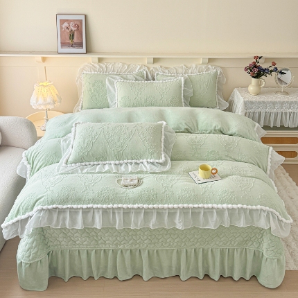 （总）佰诗特 2025新款法式雕花绒牛奶绒四件套 立体烂花兔毛绒毛球加棉加厚纯色床盖三件套四件套