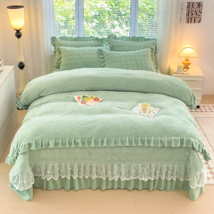 （总）佰诗特 牛奶绒纯色单床盖夹棉三件套 立体烂花雕花绒被套蕾丝花边款加棉床盖四件套