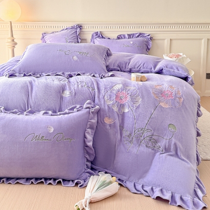 91家纺网 家纺一手货源 找家纺 （总）【苏东来】高端韩版加厚少女心法式公主风大版花卉牛奶绒刺绣贴布绣四件套小清新兔毛绒法莱绒床盖被套床单