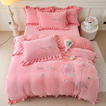 91家纺网 家纺一手货源 找家纺 （总）【苏东来】高端韩版花边加厚少女心法式公主风大版花卉牛奶绒刺绣贴布绣四件套小清新兔毛绒法莱绒床盖被套床单床裙款