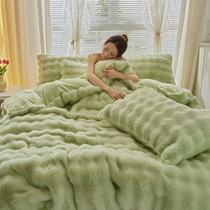 91家纺网 家纺一手货源 找家纺 2025爆款大泡泡兔毛加厚牛奶绒四件套七彩纯色泡泡四件套