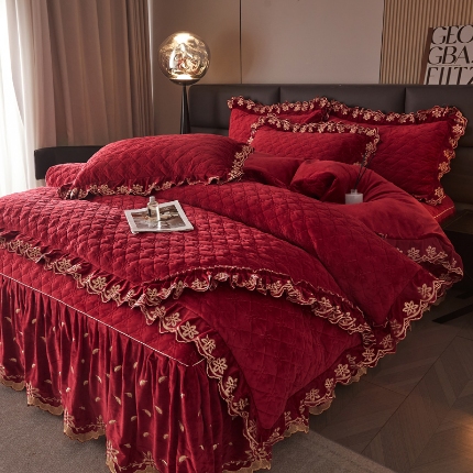 瑞宝2025新款宝宝绒欧式床裙款四件套-宝格利 宝格利-拉菲红