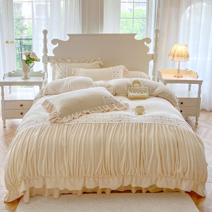 91家纺网 家纺一手货源 找家纺 总）乐朵家居 2024新款设计款版权 莫奈 牛奶绒床单款床盖款四件套（控价 单288 夹棉318）奶白
