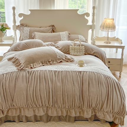 91家纺网 家纺一手货源 找家纺 总）乐朵家居 2024新款设计款版权 莫奈 牛奶绒床单款床盖款四件套（控价 单288 夹棉318）卡其