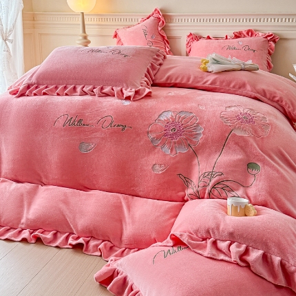 91家纺网 家纺一手货源 找家纺 （总）【苏东来】高端韩版花边加厚少女心法式公主风大版花卉牛奶绒刺绣贴布绣四件套小清新兔毛绒法莱绒床盖被套床单床裙款