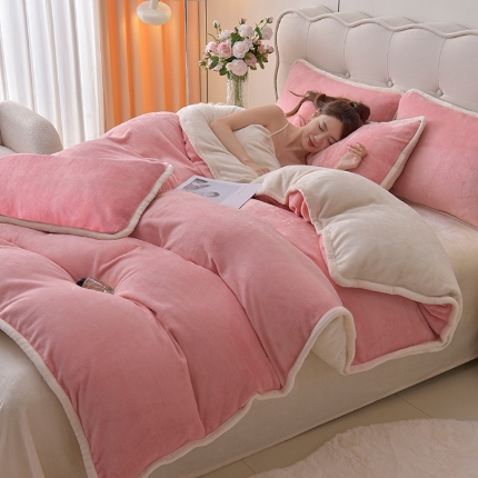 91家纺网 家纺一手货源 找家纺 （总）云恋家纺 2025新款冬季纯色牛奶绒保暖四件套加厚双面法兰绒被套床笠床品加绒套件--简约款