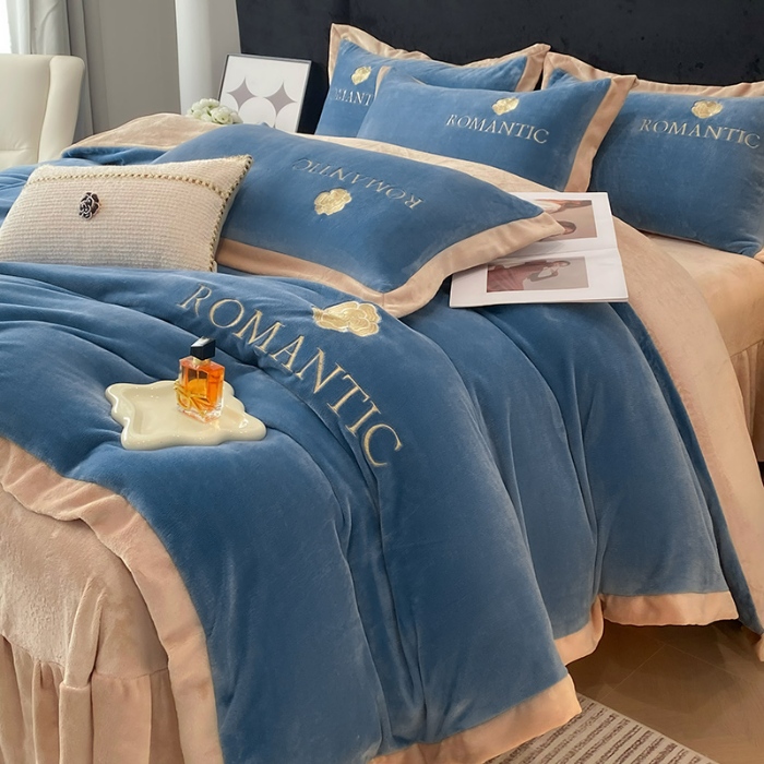 91家纺网 家纺一手货源 找家纺 （总）2025秋冬230g9斤全消光牛奶绒双拼绣花四件套绒宽边被套高端轻奢山茶花系列