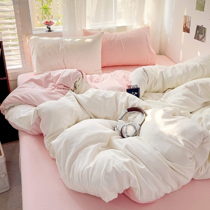 91家纺网 家纺一手货源 找家纺 （总）艾特你 2025新款水洗棉双拼四件套宿舍三件套床单被套枕套