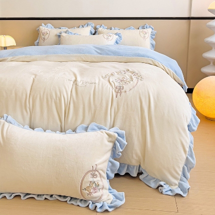 91家纺网 家纺一手货源 找家纺 （总）星尚家纺 2024全消光230gA类牛奶绒绣花四件套刺绣加厚保暖牛奶绒-伊莉雅