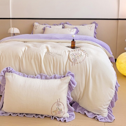 91家纺网 家纺一手货源 找家纺 （总）星尚家纺 2024全消光230gA类牛奶绒绣花四件套刺绣加厚保暖牛奶绒-伊莉雅