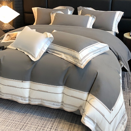 91家纺网 家纺一手货源 找家纺 秋冬加厚超细旦超柔长绒棉磨毛刺绣四件套100%纯棉全棉床品 璐熙-高级灰-超柔超细旦长绒棉