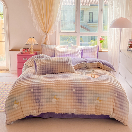 91家纺网 家纺一手货源 找家纺 （总）斯卡诺家纺 2025新款小清新加厚高克重牛奶绒泡泡四件套网红直播爆款