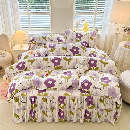 91家纺网 家纺一手货源 找家纺 （总）优家居 2025新款芦荟棉床裙四件套韩版公主风花边三件套双层边床罩床笠床单被套外贸直播爆款