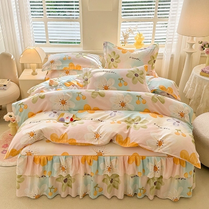 91家纺网 家纺一手货源 找家纺 （总）优家居 2025新款芦荟棉床裙四件套韩版公主风花边三件套双层边床罩床笠床单被套外贸直播爆款