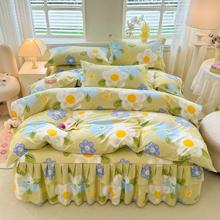 91家纺网 家纺一手货源 找家纺 （总）优家居 2025新款芦荟棉床裙四件套韩版公主风花边三件套双层边床罩床笠床单被套外贸直播爆款