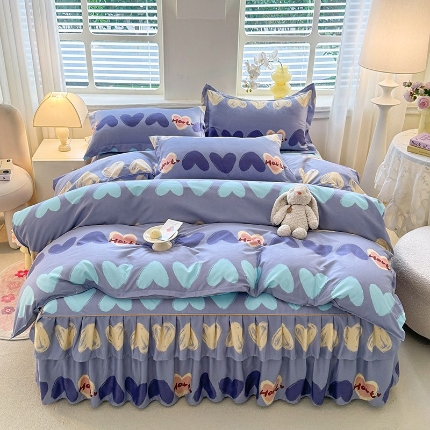 91家纺网 家纺一手货源 找家纺 （总）优家居 2025新款芦荟棉床裙四件套韩版公主风花边三件套双层边床罩床笠床单被套外贸直播爆款