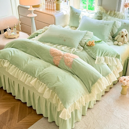 91家纺网 家纺一手货源 找家纺 （总）2025韩版少女心法式公主风8斤牛奶绒绣花四件套立体花绒床裙款四件套韩版婴儿绒宝宝绒兔绒法莱绒金貂绒四件套