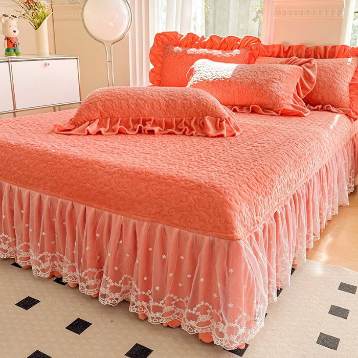 91家纺网 家纺一手货源 找家纺 苏米娜2024秋冬新款220g全消光牛奶绒床盖四件套12斤重加厚婴儿绒法莱绒床裙款床盖款四件套 浪漫花语—艾玛橙