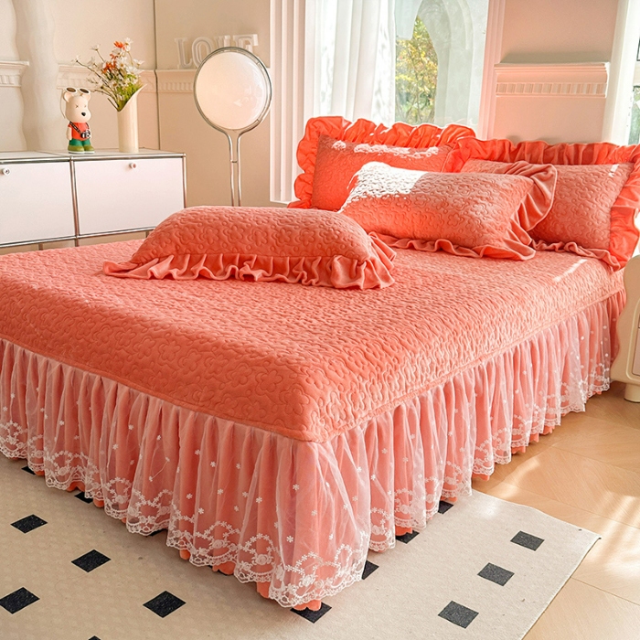 91家纺网 家纺一手货源 找家纺 苏米娜2024秋冬新款220g全消光牛奶绒床盖四件套12斤重加厚婴儿绒法莱绒床裙款床盖款四件套 浪漫花语—艾玛橙