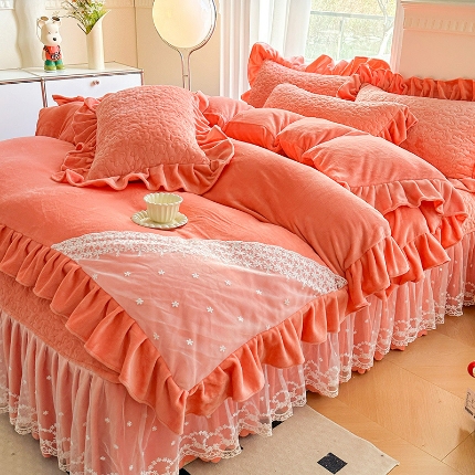 苏米娜2024秋冬新款220g全消光牛奶绒床盖四件套12斤重加厚婴儿绒法莱绒床裙款床盖款四件套 浪漫花语—艾玛橙