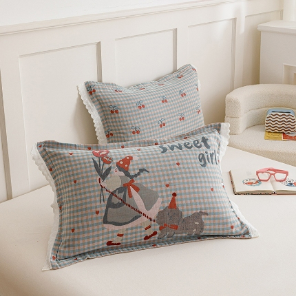 91家纺网 家纺一手货源 找家纺 （总）2024新款韩系四层纱布枕套一对装花边款纯棉纽扣款枕套