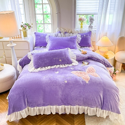 苏米娜2024秋冬新款230g法式公主粉少女心牛奶绒四件套法莱绒金貂绒兔兔绒牛奶绒床裙款四件套蝴蝶花绒床盖款四件套  蝶恋花—梦幻紫 