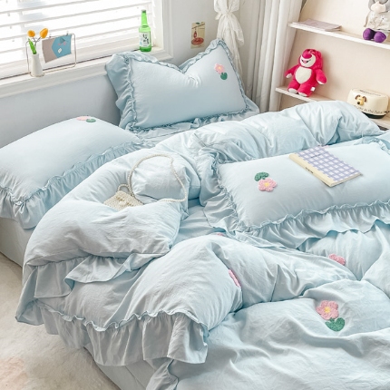 91家纺网 家纺一手货源 找家纺 （总）2025新款韩版水洗棉花边毛巾绣四件套圆角吊边床单款四件套（A类报告，要图加15896250785）