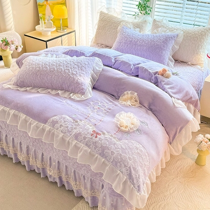 （总）漫布云2026秋冬新款230g全消光牛奶绒夹棉单床盖纯色蕾丝花边刺绣床裙款床盖法莱绒婴儿绒金貂绒床盖