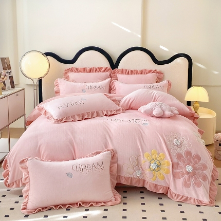 91家纺网 家纺一手货源 找家纺 9斤高端韩版少女心法式公主风贴布绣花牛奶绒四件套小清新绒兔毛绒法莱绒床盖被套丝绒兔毛绒法莱绒床盖被套 锦上添花-宾利蓝