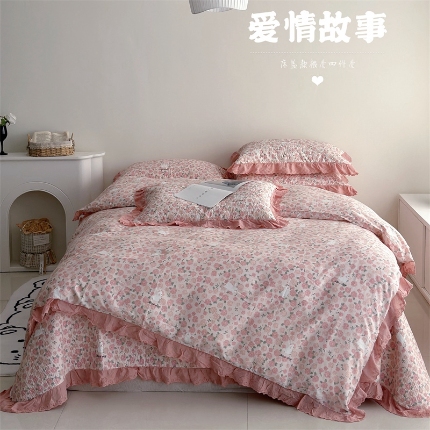 91家纺网 家纺一手货源 找家纺 （总）佰织鑫家居 2025新款全棉法式砂洗棉花床盖款被套四件套