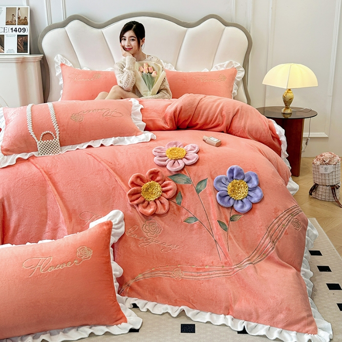 91家纺网 家纺一手货源 找家纺 9斤高端韩版少女心法式公主风贴布绣花牛奶绒四件套小清新绒兔毛绒法莱绒床盖被套丝绒兔毛绒法莱绒床盖被套 锦上添花-艾玛橙 