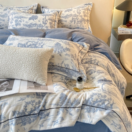 91家纺网 家纺一手货源 找家纺 （总）2025年新款 230克宝宝婴儿牛奶绒水墨画工艺款床裙款四件套