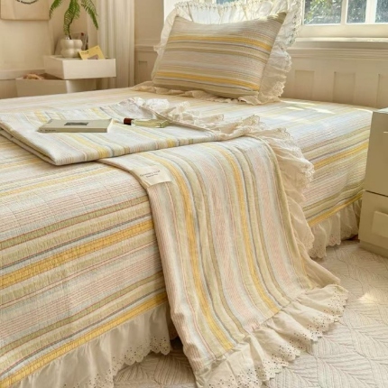 91家纺网 家纺一手货源 找家纺 （总）A类纯棉色织水洗棉床盖240*260CM全棉条纹三件套花边格子四季通用