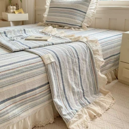 91家纺网 家纺一手货源 找家纺 （总）A类纯棉色织水洗棉床盖240*260CM全棉条纹三件套花边格子四季通用