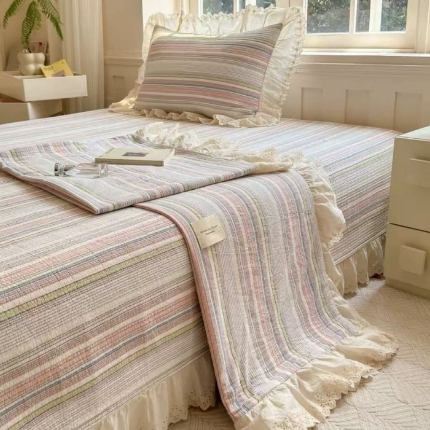 91家纺网 家纺一手货源 找家纺 （总）A类纯棉色织水洗棉床盖240*260CM全棉条纹三件套花边格子四季通用