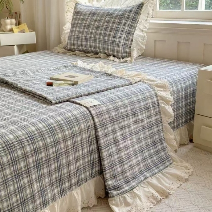 91家纺网 家纺一手货源 找家纺 （总）A类纯棉色织水洗棉床盖240*260CM全棉条纹三件套花边格子四季通用