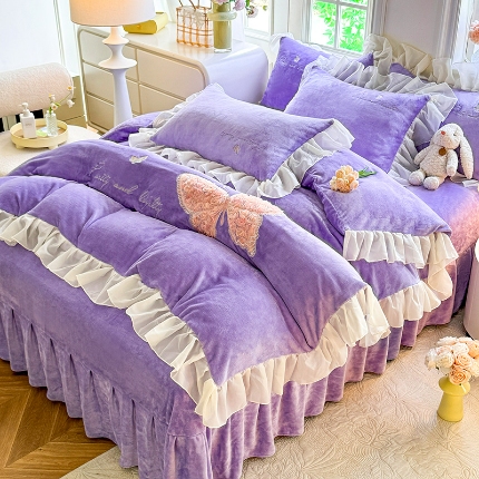 91家纺网 家纺一手货源 找家纺 （总）2025秋冬新款230g法式公主粉少女心牛奶绒四件套法莱绒金貂绒兔兔绒牛奶绒床裙款四件套蝴蝶花床盖款四件套