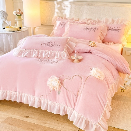 （总）2025秋冬新款230g法式公主粉少女心牛奶绒四件套法莱绒金貂绒兔兔绒牛奶绒床裙款四件套蝴蝶花床盖款四件套