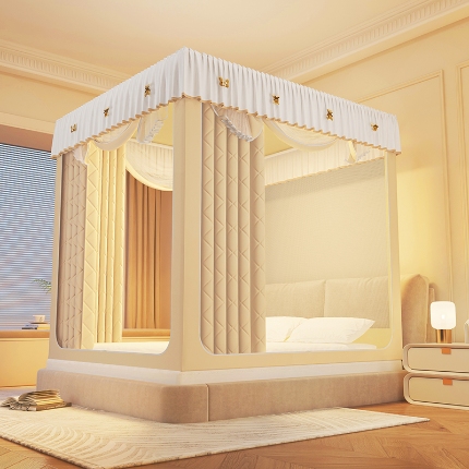 91家纺网 家纺一手货源 找家纺 （总）2025新款冬季保暖拉链式防摔蚊帐坐床含遮光帘纯色夹棉遮光款